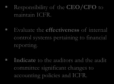 Responsibility of the CEO/CFO to the Annual report to establish and maintain internal controls Annual report to contain