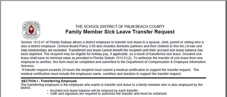 Family Member Sick Leave Transfer - PBSD 1791 This form may be used when an
