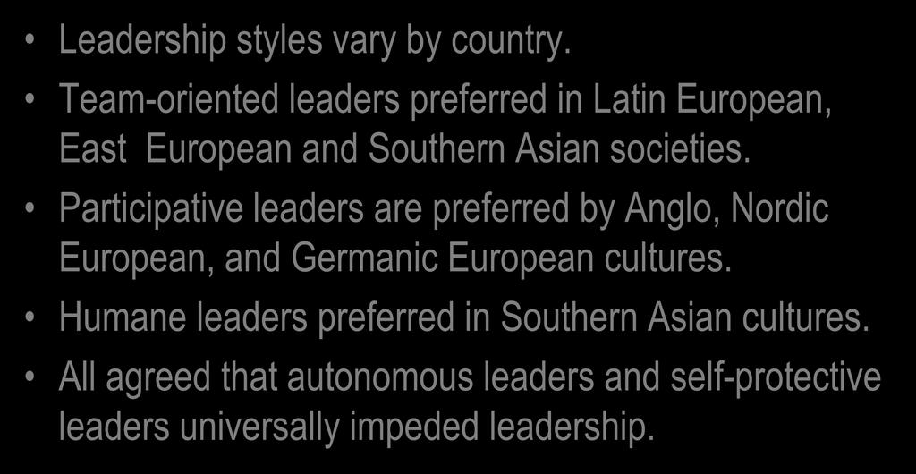 GLOBE Findings Leadership styles vary by country. Team-oriented leaders preferred in Latin European, East European and Southern Asian societies.