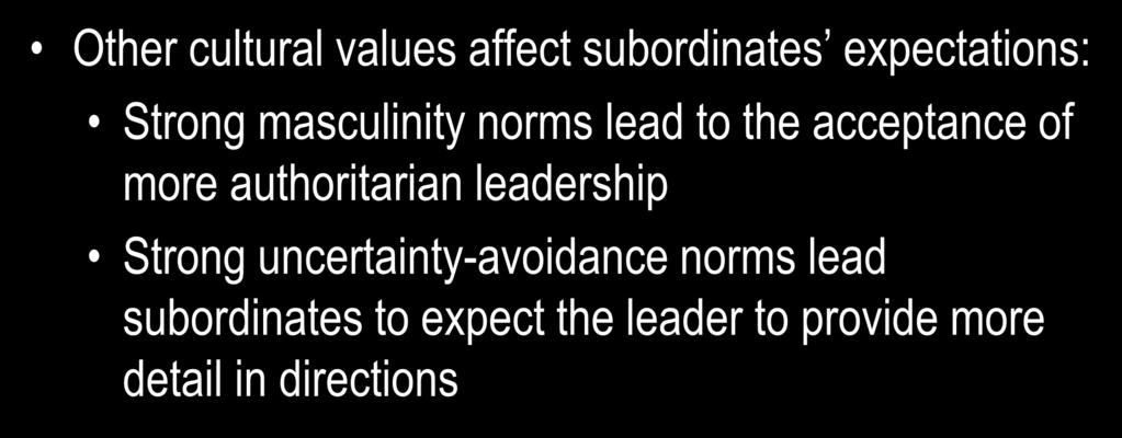 National Context and Subordinates Expectations Other cultural values affect subordinates expectations: Strong masculinity norms lead to the