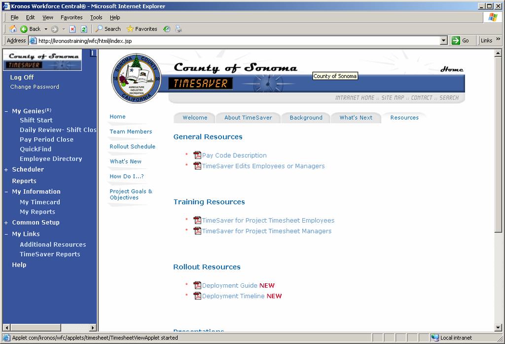 County Intranet Site This is your best choice for getting help on TimeSaver. Under My Links in the Navigation Bar is a link called TimeSaver Resources.