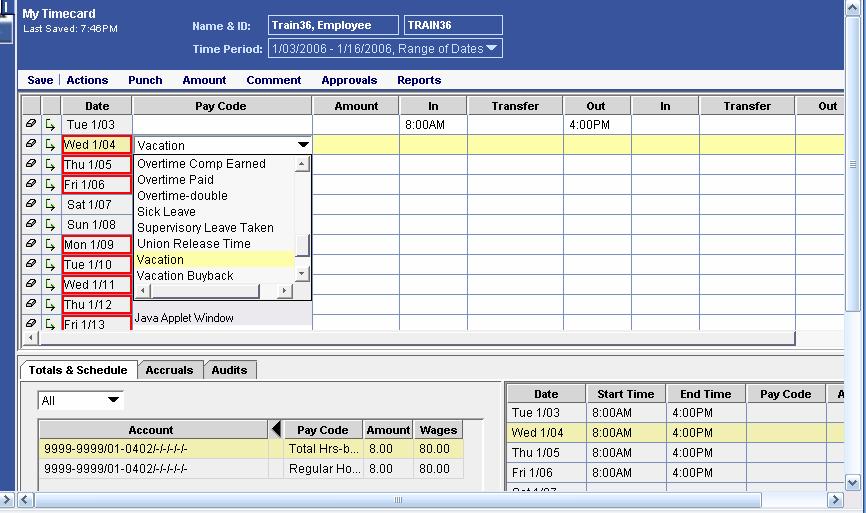 Adding a Pay Code Amount 1. In the Timesheet workspace, insert a row by clicking the insert row icon on the left edge of the timesheet. 2. Click in the Pay Code cell and a drop-down list appears.