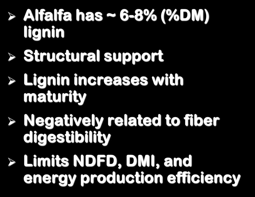 Lignin in Alfalfa Alfalfa has ~ 6-8% (%DM)