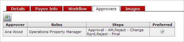 APPROVERS TAB Displays detail information documenting the approvers available for the