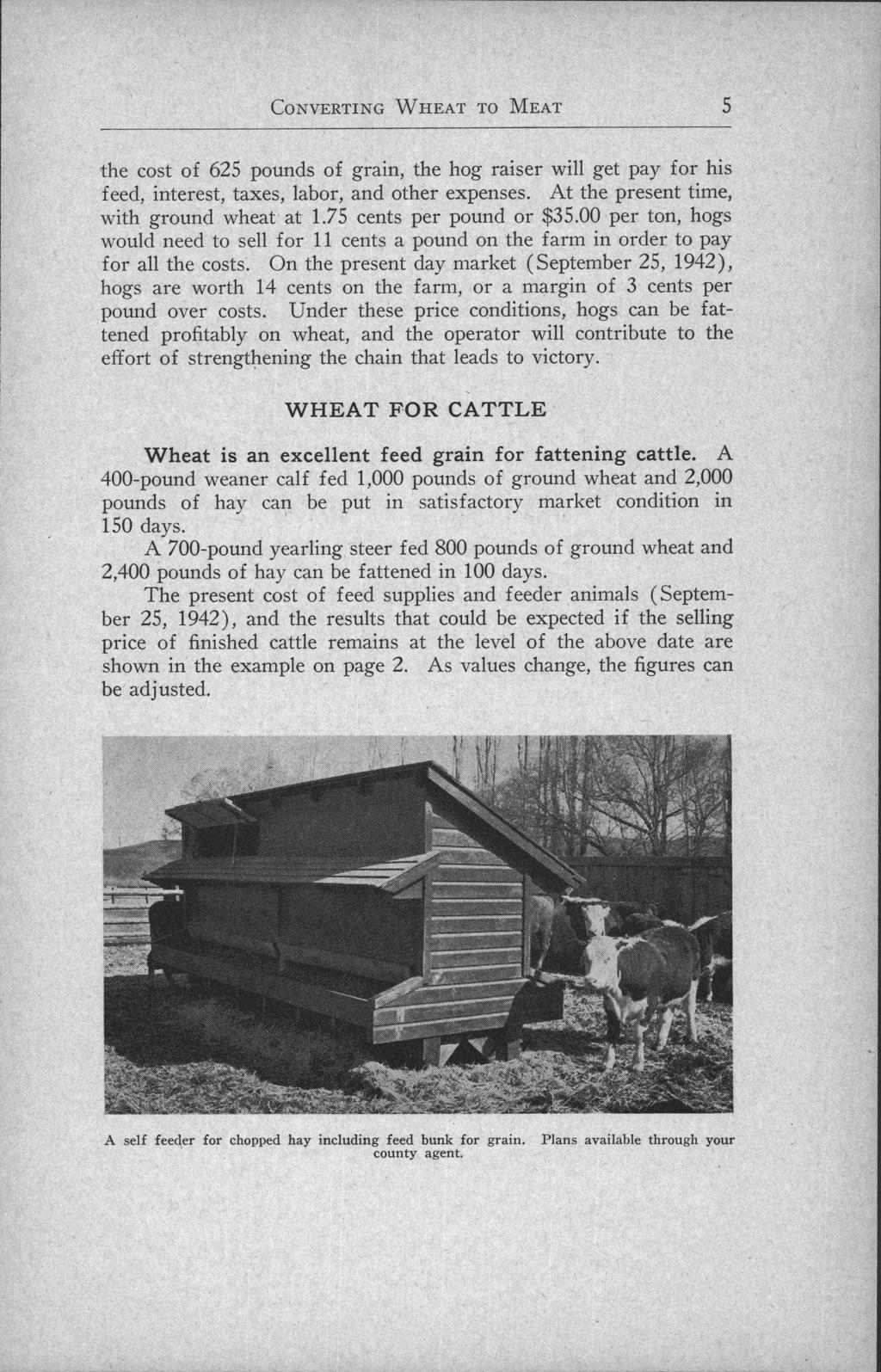 CONVERTING WHEAT TO MEAT 5 the cost of 625 pounds of grain, the hog raiser will get pay for his feed, interest, taxes, labor, and other expenses. At the present time, with ground wheat. at 1.