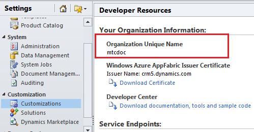 Figure 7: Customization screen Now copy the Organization Unique name and send it to salesteam@mtccrm.com.