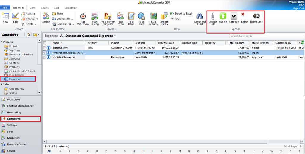 Adding a Expense Go to ConsultPro in the left pane -> Under Projects click on Expenses as shown.