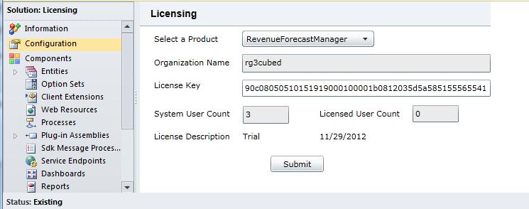 Revenue Forecast Manager Figure 10 : Placing the License Key to Revenue Forecast Manager Select