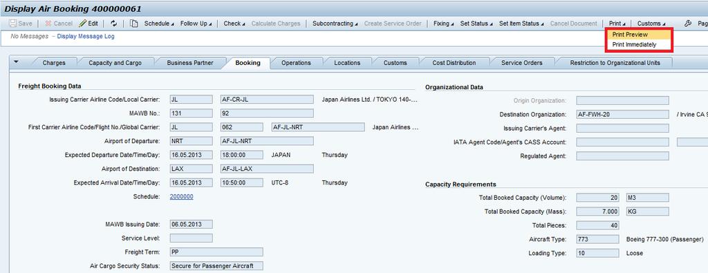 4.14.3 Generate Shipping Documents for Main Stage and execute air departure Open the FB