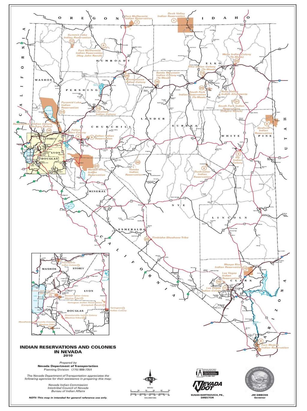 Figure 0-5 below shows the location of Indian reservations and colonies in Nevada and contact information for each