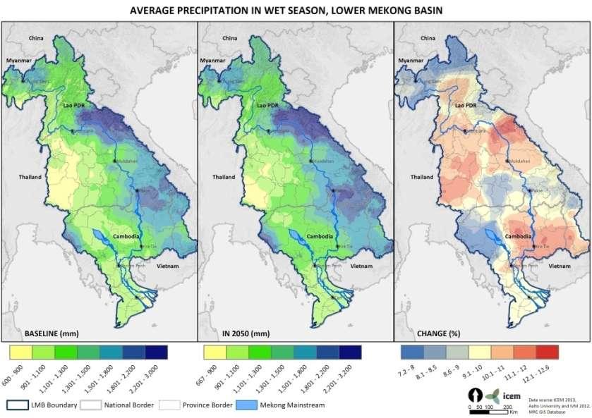 AVERAGE PRECIPITATION CHANGE BY 2050 Annual precipitation is projected to increase by 3-18% (35 365mm) throughout the basin Mostly due to increases in wet season rainfall For the southern parts of