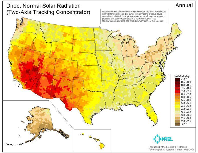 RE Technology Screening» Screening Results Solar thermal electric requires high levels of direct solar insolation characteristics of the southwest.