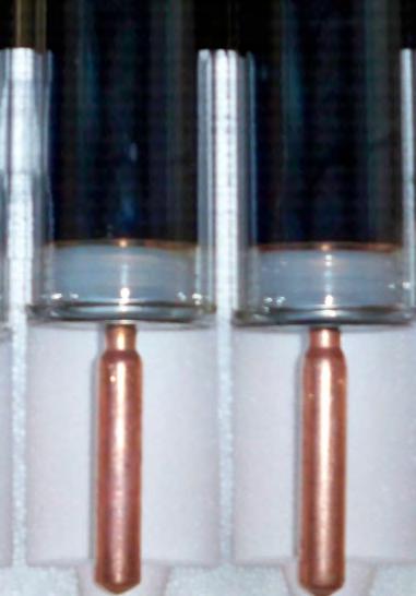 more efficient. The lower efficiency tubes appear dark grey or black and the copper coated tubes appear dark blue. All Run On Sun Australia evacuated tubes are made with the latest copper coating.