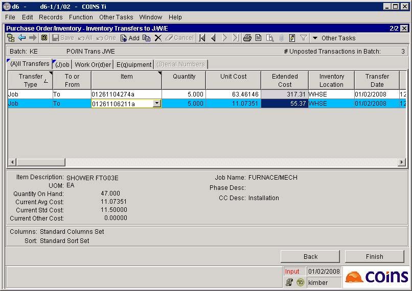 Figure 3: Entering Inventory Transfers to J/W/E Pick List The new Print Pick List option is available whether or not inventory commitments are created while entering inventory transfers to jobs, work