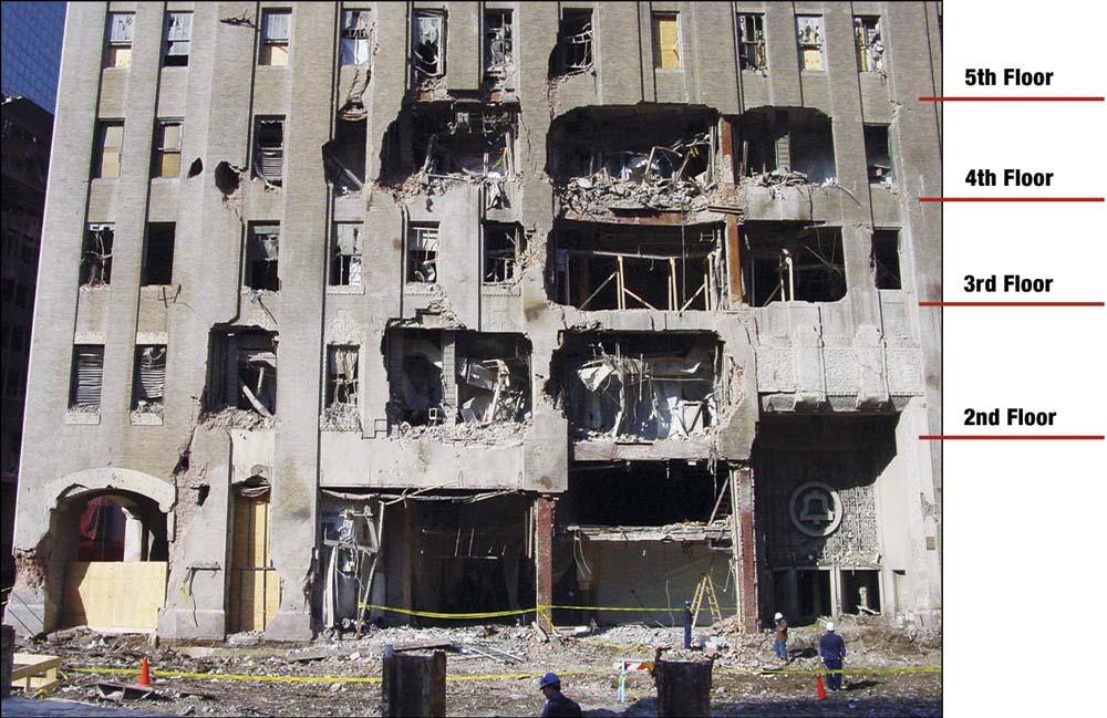 Figure 4 - East elevation of Verizon building damaged by WTC 7. b. In contrast to the masonry walls of the older frame buildings, the modern curtain walls did not provide protection to the frame.
