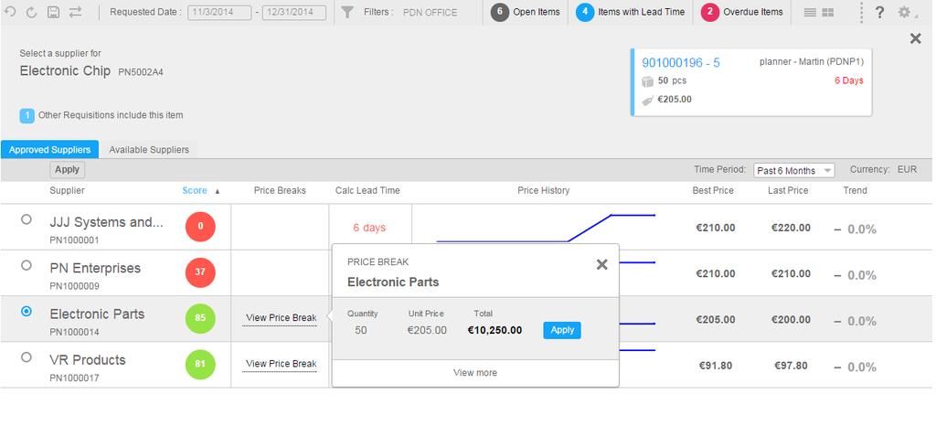 Graphical Interfaces Price break section To access this section, click the View Price Break option in the Supplier Selection section.
