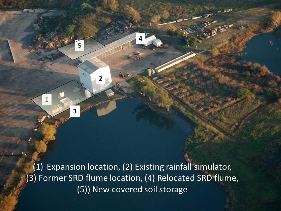Water supply and electrical utilities. Covered soil storage building. Relocation of the sediment flume to accommodate the expanded rainfall simulator. Figure 1. Location of Expansion Facilities.