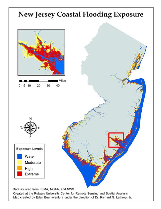 NJ Coastal Flooding Exposure Infrastructure Category 2000 2050 2100 Area (ac) Area (ac) % change Area (ac) % Change Moderate 197,433 183,329-7.1 165,833-16.0 High 148,060 165,272 +11.6 185,489 +25.