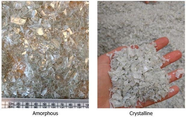 27 shows the post-industrial PET PTT flake before and after crystallisation; the crystalline material is opaque.