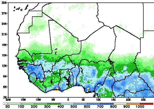 Satellite estimates put cumulative rainfall totals for the period from May 1 st through August 10 th of this year at between 800 and 1000 mm in certain areas, particularly in Guinea Conakry, southern