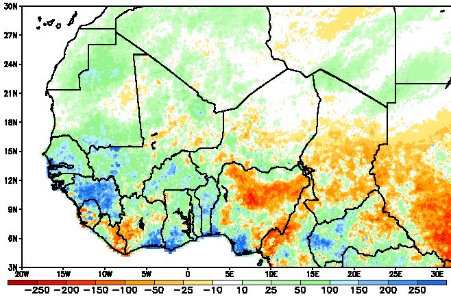 Despite flooding problems, these rainfall amounts helped promote the normal growth and development of cereals (maize and sorghum), pulses (groundnuts, cowpeas, earth peas, and sesame), and tubers