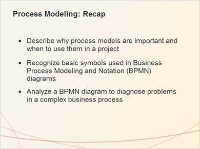 1.10 Process Modeling: Recap This last slide concludes our exploration of Business Process Modeling and Notation. You ve had an opportunity to understand why process models are valuable.