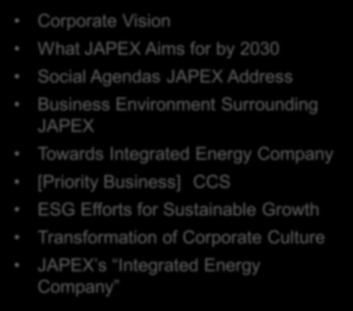 Culture JAPEX s Integrated Energy Company Relationship Between Long-term Vision and Mid-term Business Plan Mid-term Tactics and Targets 1 E&P Business 2