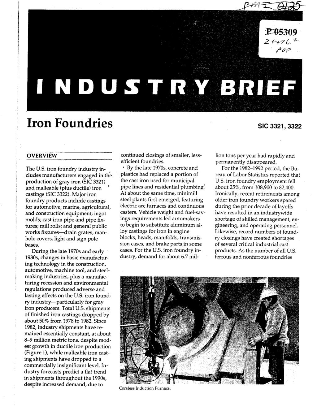 ron Foundries SC 3321,3322 OVERVEW The US. iron foundry industry in-, cludes manufacturers engaged in the production of gray iron (SC 3321) and malleable (plus ductile) iron castings (SC 3322).