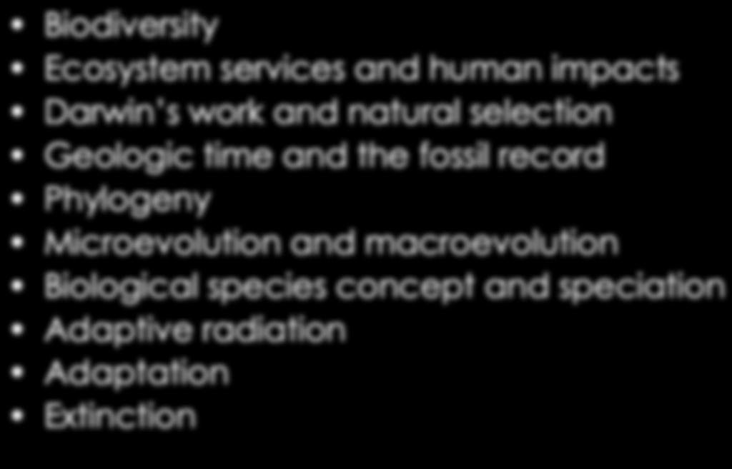 Evolution Topics Biodiversity Ecosystem services and human impacts Darwin s work and natural selection Geologic