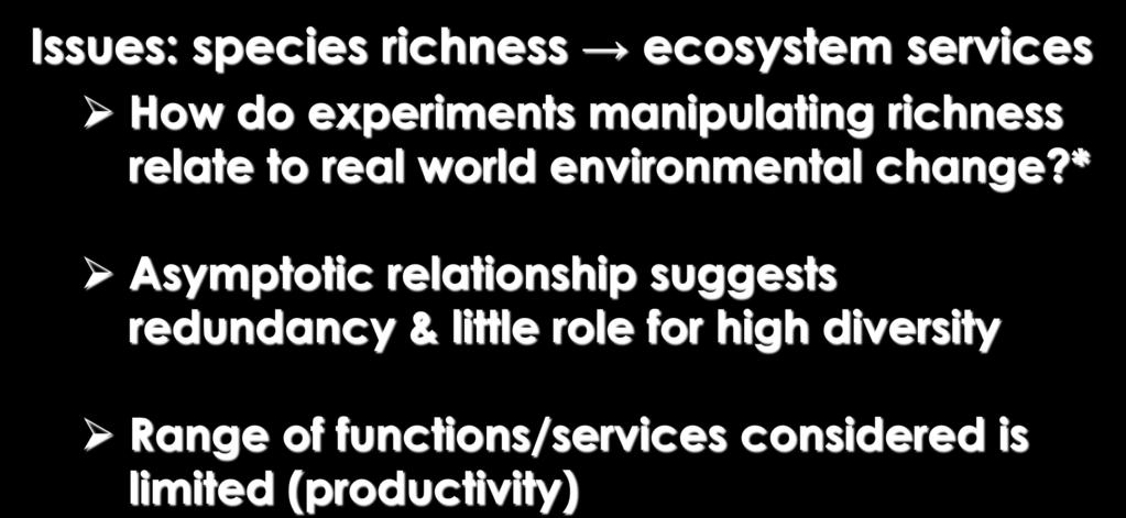 Issues: species richness ecosystem services How do experiments manipulating richness relate to real world environmental change?