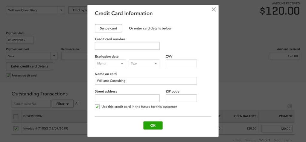 6. If there is no credit card on file for the customer the Enter credit card details button will appear.