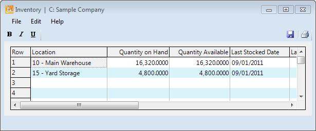 Set Up Inventory Sage 100 Contractor Using the Inventory window displays the pertinent information on the part on the current row of the grid.