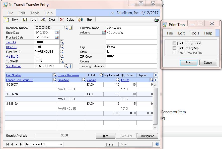 INVENTORY IN-TRANSIT TRANSFERS Update an inventory transfer for source document parts and create an inventory transfer not related to a source document.