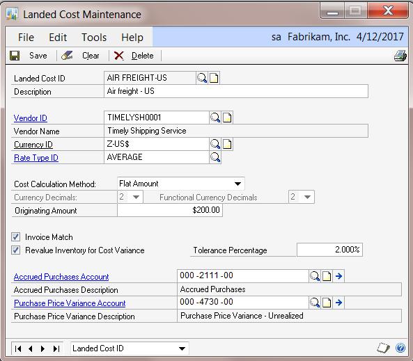 LANDED COST Use the Landed Cost Maintenance window to create a landed cost record a combination of vendor, currency, and