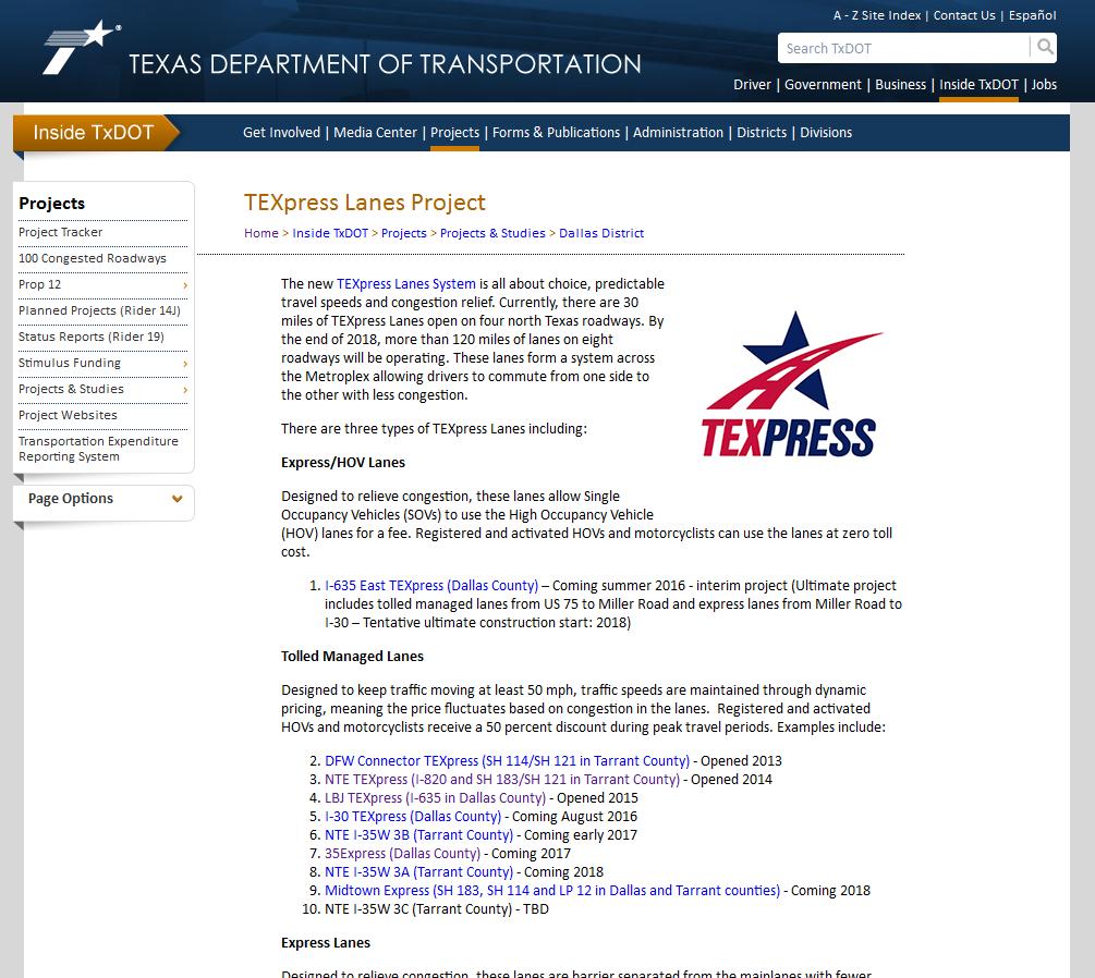 Website linking to information about TEXpress Lanes,