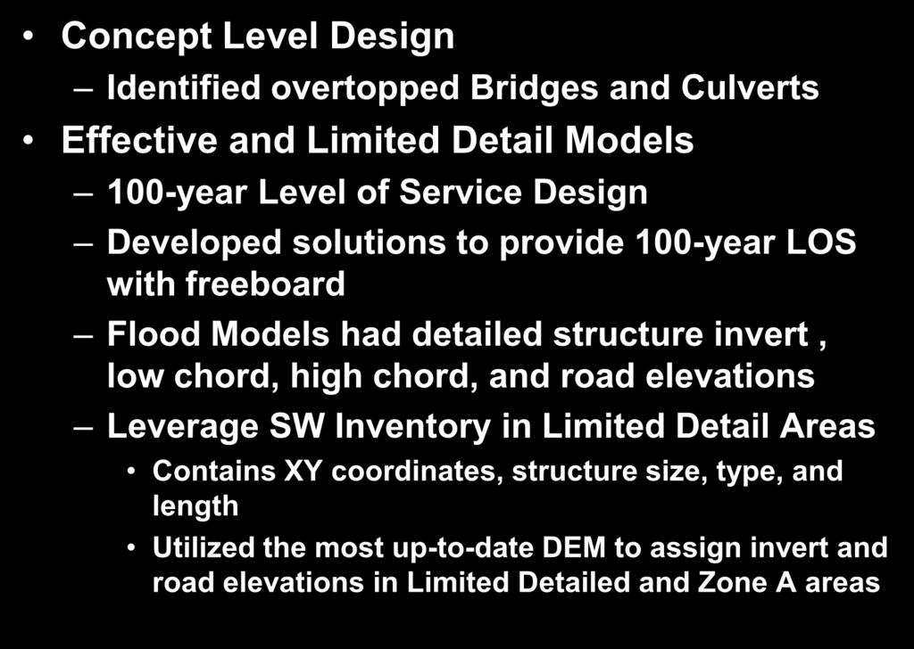 CIP Development - Design Concept Level Design Identified overtopped Bridges and Culverts Effective and Limited Detail Models 100-year Level of Service Design Developed solutions to provide 100-year
