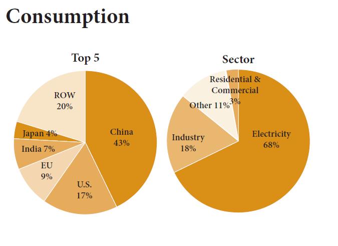 Coal Consumption by Country and Sector ROW=Rest of the World Data Sources & Notes: All data are from BP (2009) and are year 2008 estimates, except fossil fuel consumption by sector, which are WRI