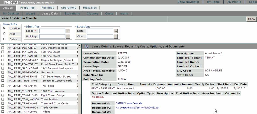 CLAS tm Lease Reports Standard Report From Dashboard Tab Search by Locations; Areas; Dates Basic Lease Information