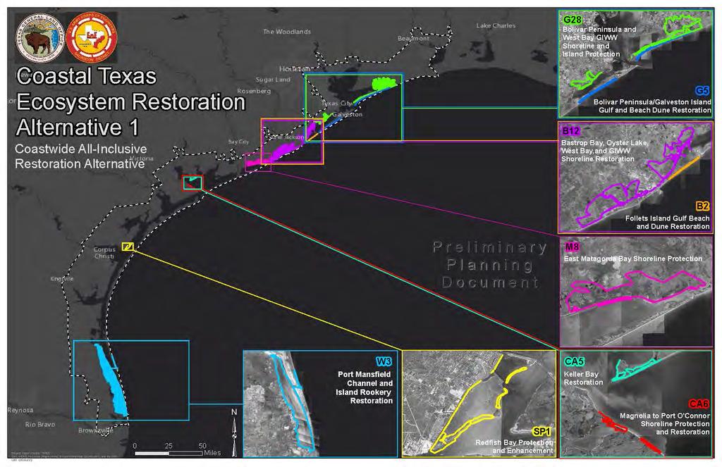 ECOSYSTEM RESTORATION PLANS Alt 1: Coastwide All-Inclusive Restoration Alternative Alt 2: Restore Critical Geomorphic Landscapes Alt 3: Restore the