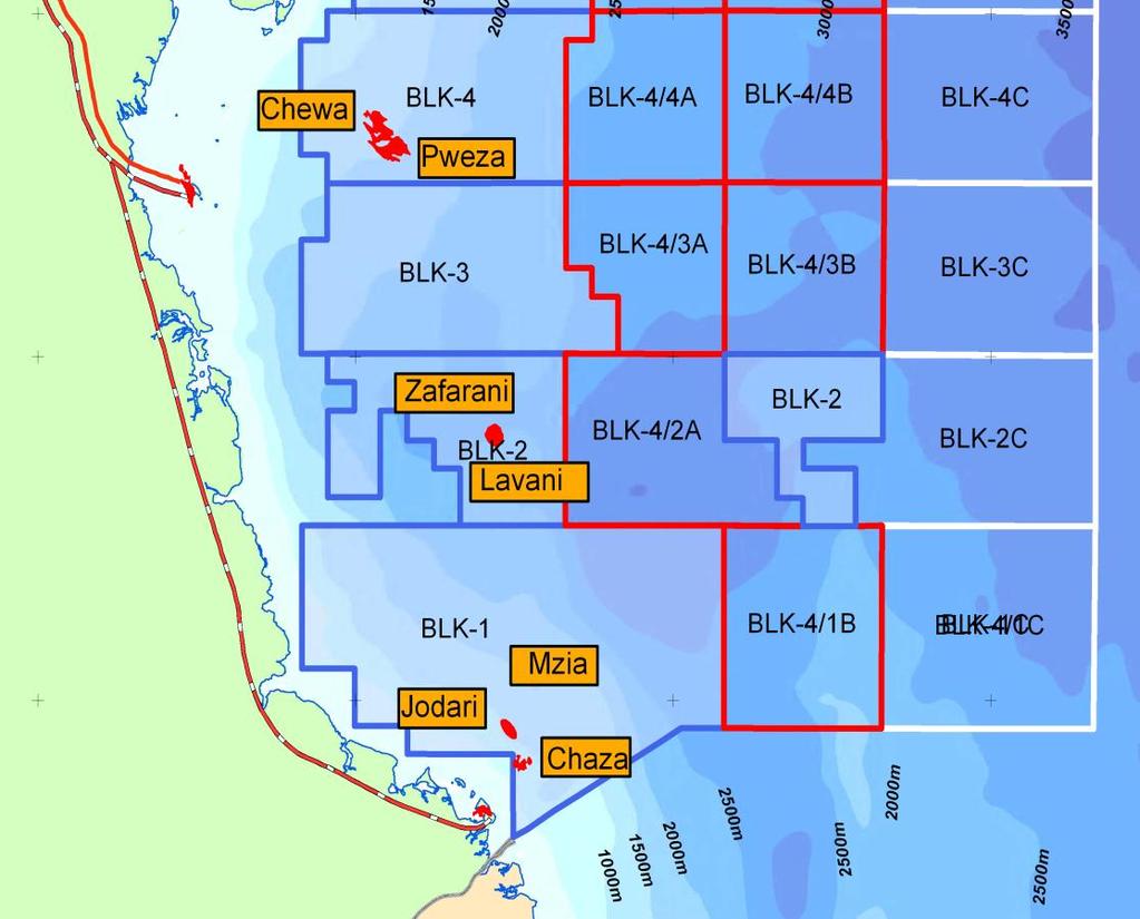 Gas Fields Deep Sea drilling started in 2010 First discovery Pweza-1 Well in Block-4 drilled by Ophir.