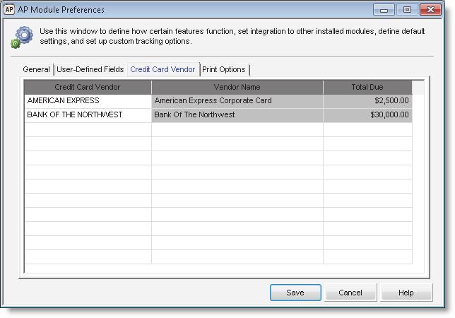 Once you enter a credit card vendor, the Vendor Name and Total Due autofills with information from the AP Vendors window.