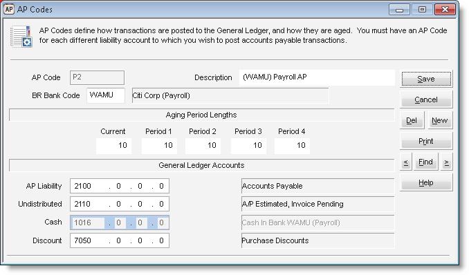 To create new AP Codes: 1 In Accounts Payable, select Options > Define Aging Periods and Posting from the left navigation pane.