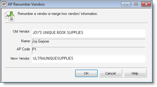 Figure 23: AP Renumber Vendors window 2 Enter the old and new vendor numbers in the boxes. 3 Select OK to renumber the vendor.