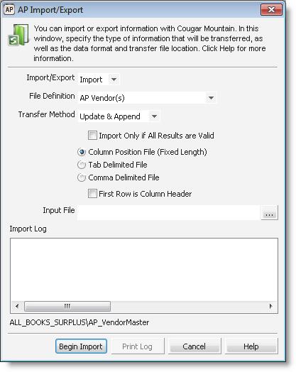 Figure 24: AP Import/Export window, Import selected 2 From the Import/Export drop-down menu, select Import. 3 Select the type of file, transfer method, and format you will use for this import.