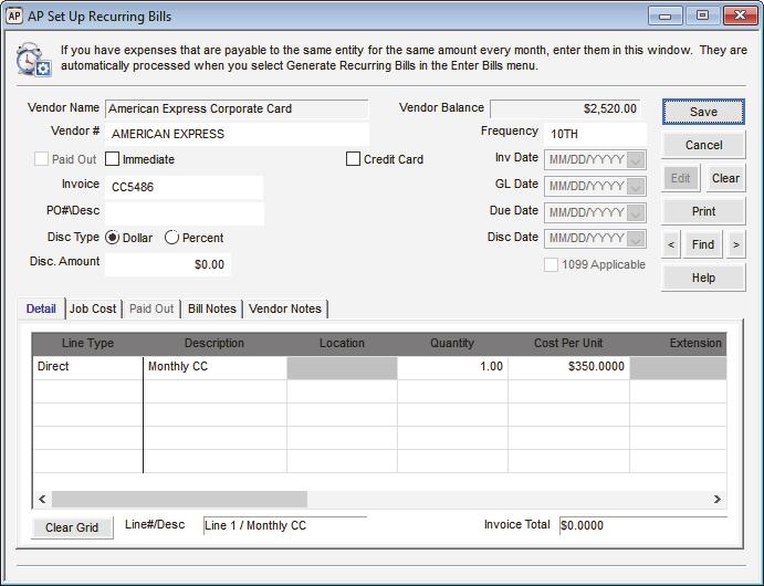 Alternatively, you can create recurring bills directly in the AP Set Up Recurring Bills window.