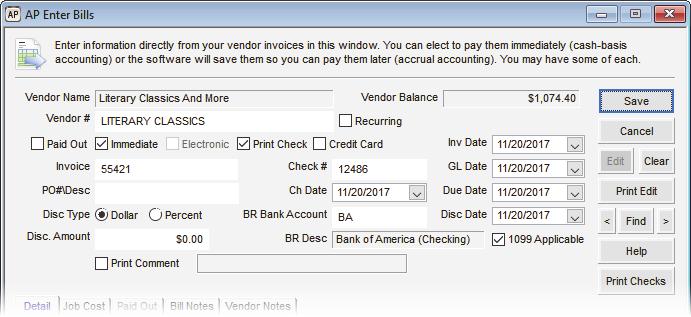 Immediate Payment Processing Use immediate checks for bills that are already paid or bills that are being paid at the time you enter the invoice.