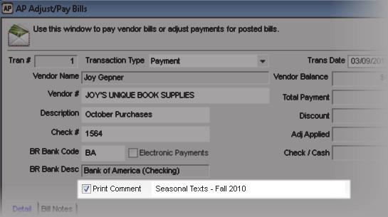 Adding Comments to Payments You can add a comment to a payment or unapplied payment, which will appear under the payee name and address on the check.