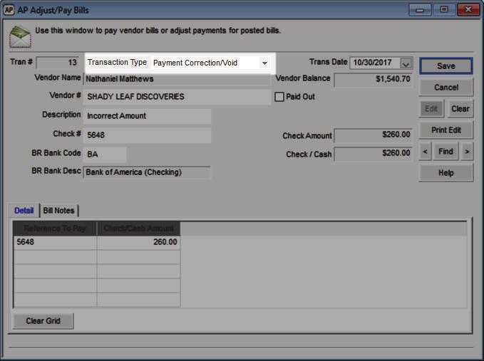 Figure 58: AP Adjust/Pay Bills window, payment correction 2 Select Payment Correction/Void from the Transaction Type drop-down list. 3 Enter the vendor and payment information for this transaction.