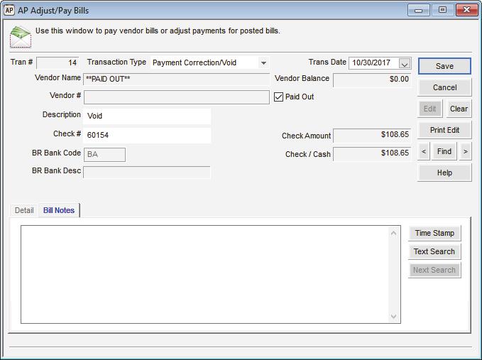 Figure 60: AP Adjust/Pay Bills window, paid out transaction 2 Select Payment Correction/Void from the Transaction Type drop-down. 3 Select the Paid Out check box.