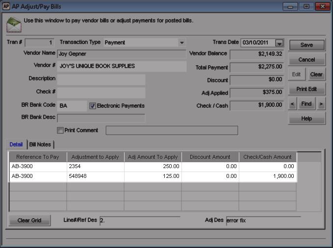 Figure 61: AP Adjust/Pay Bills window, multiple adjustments 2 Enter the transaction information according to the instructions in Preparing Payments Individually on page 62.